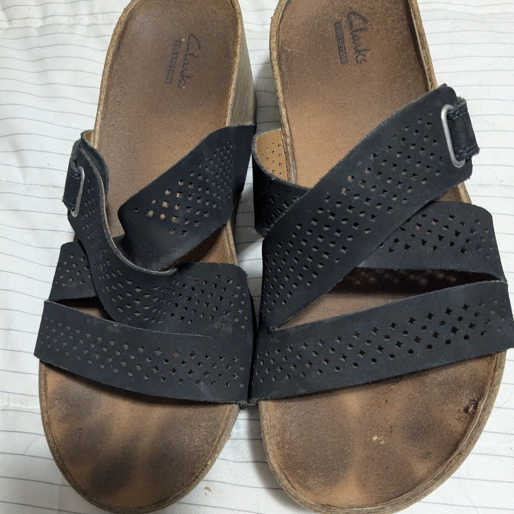 Clarks Black Wedge Sandals with Adjustable Straps